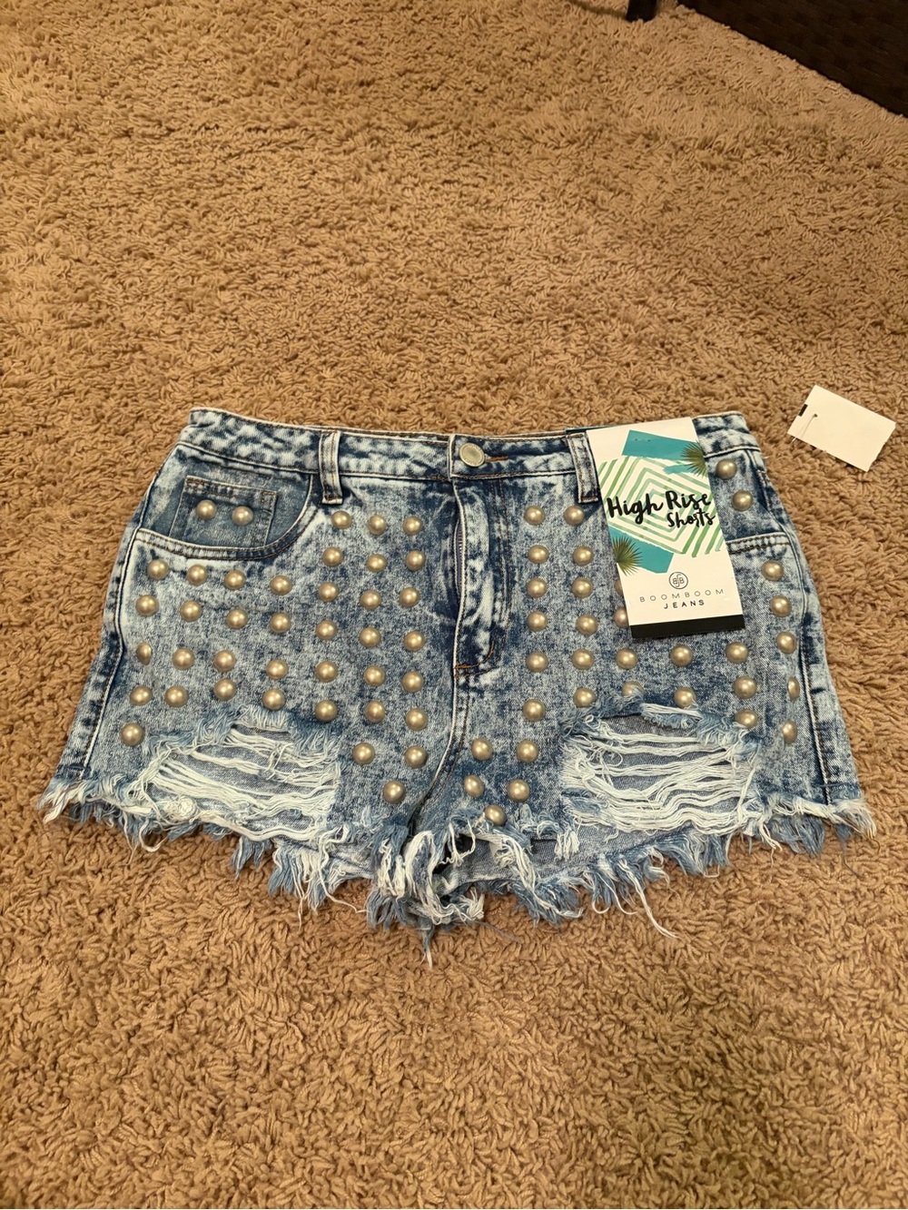 Boom  Boom Jeans High-Waist Acid Wash Denim Shorts with Pearl Studs